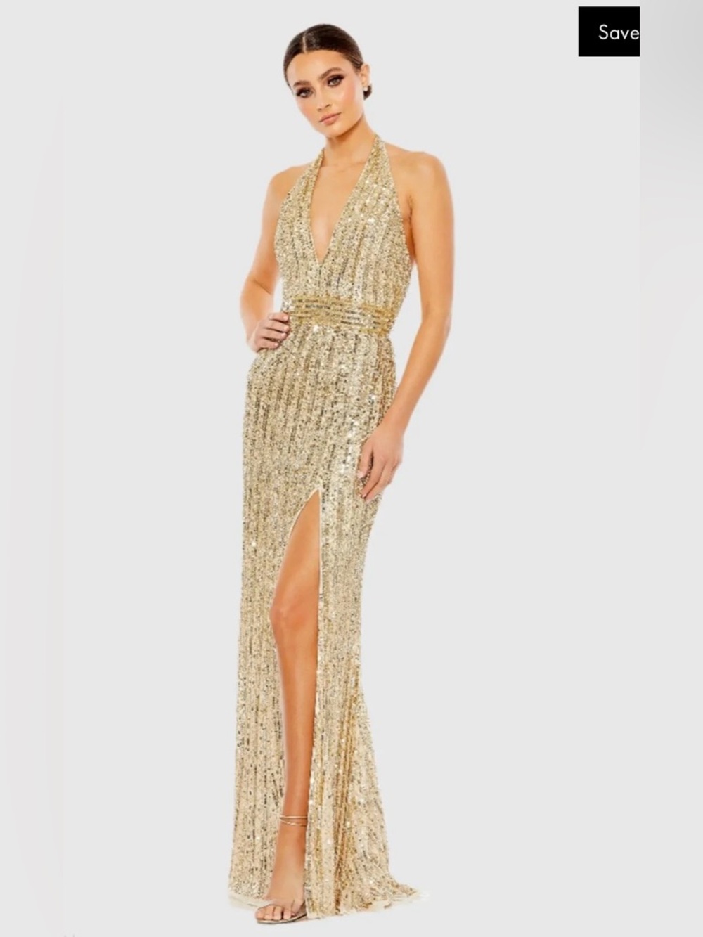 NWT $498 MAC DUGGAL Gold Sequined Halter Strap Trumpet Gown evening size 10